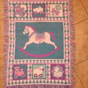 Vintage Rocking Horse Baby Throw Blanket in Teal, Pink, Purple
